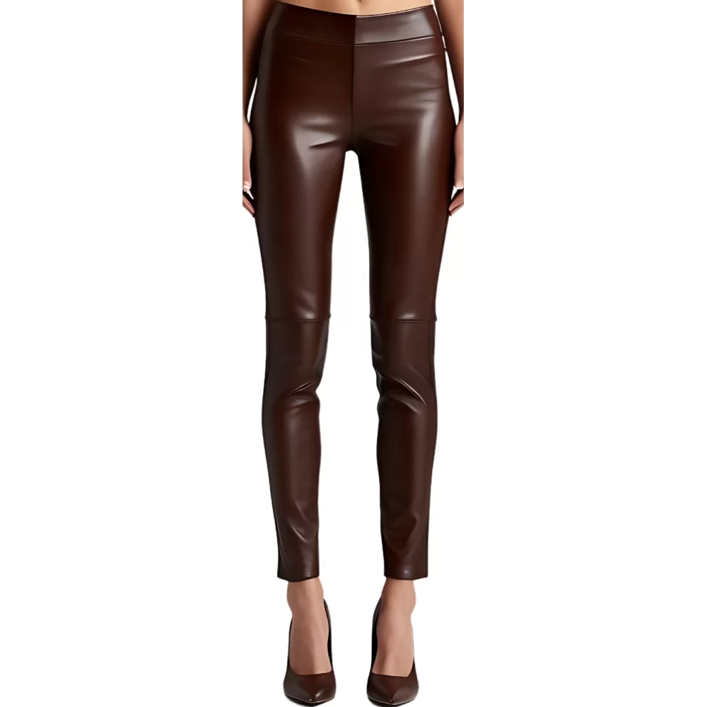 Pantalon type jeans cuir femme agneau marron chocolat modèle Rilia
