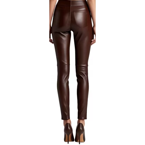 Pantalon type jeans cuir femme agneau marron chocolat modèle Rilia
