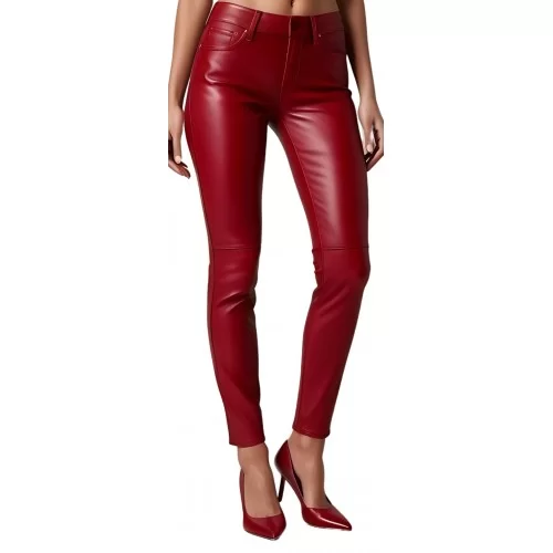 Pantalon coupe jeans femme en cuir d'agneau rouge modèle Gaelle