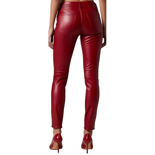 Pantalon coupe jeans femme en cuir d'agneau rouge modèle Gaelle