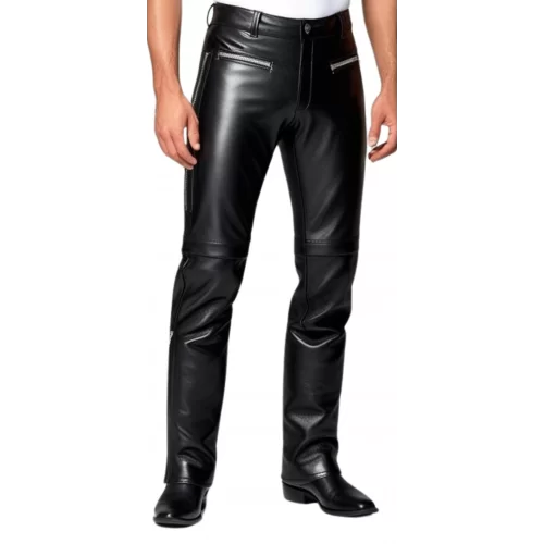 Pantalon en cuir homme cuir veau noir avec zips modèle Sergio