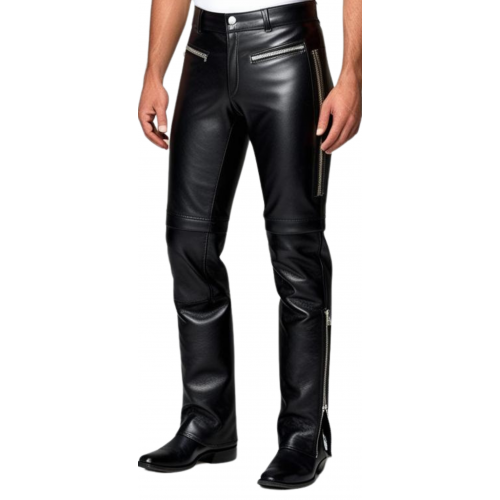 Pantalon en cuir homme cuir veau noir avec zips modèle Sergio