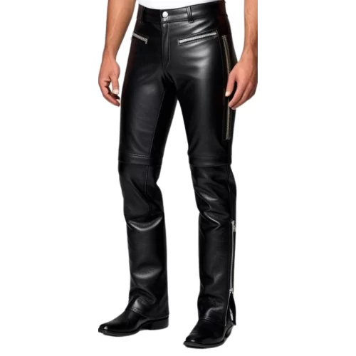 Pantalon en cuir homme cuir veau noir avec zips modèle Sergio