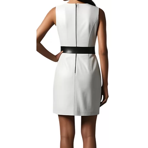 Robe cuir en agnea blanc et ceinture noire modèle Karzi