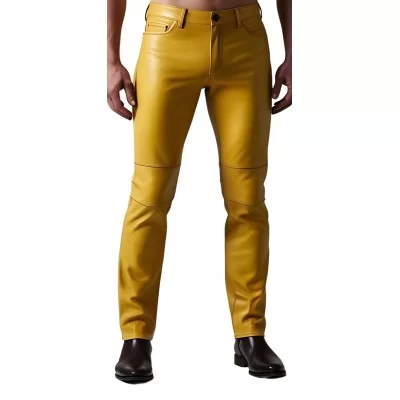 Pantalon jeans en cuir d'agneau jaune modèle Julio