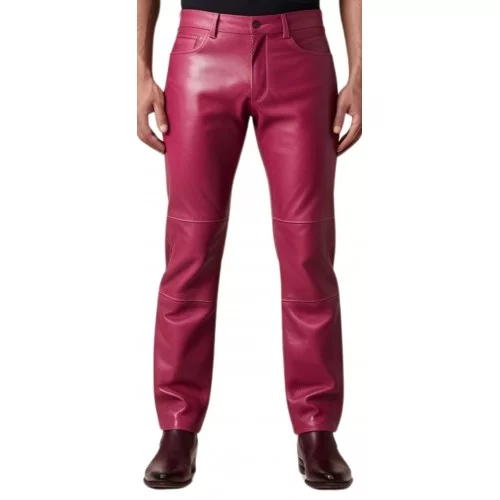 Pantalon jeans en cuir d'agneau rose modèle Amour