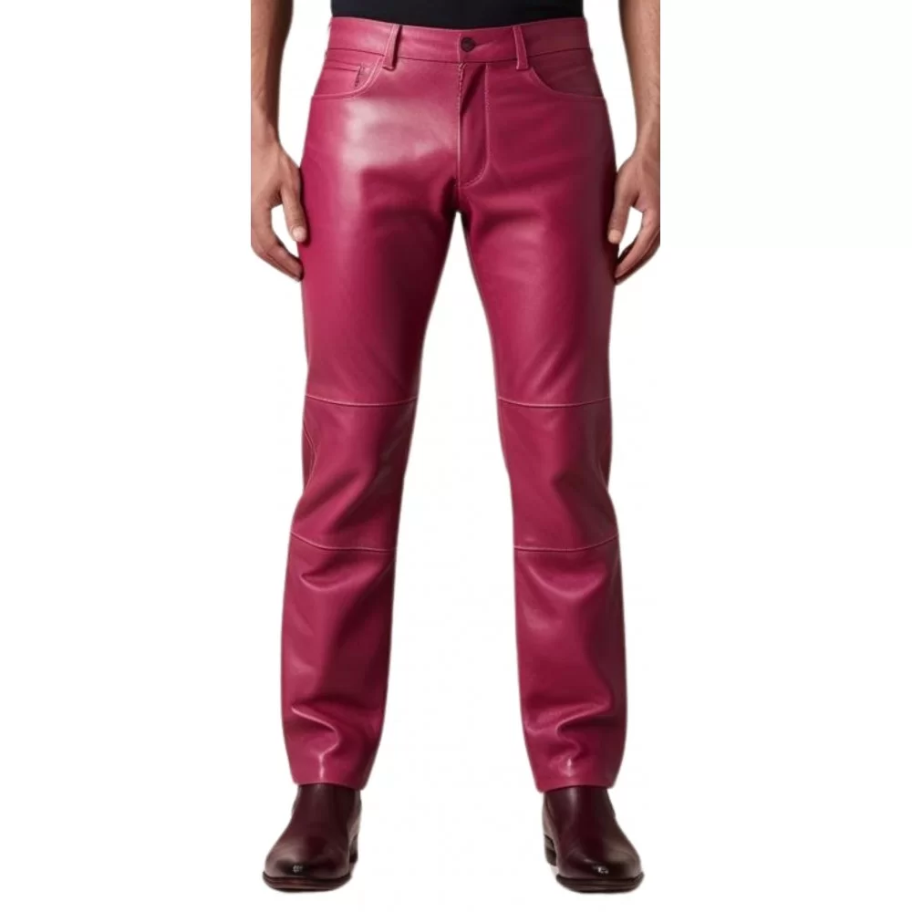 Pantalon jeans en cuir d'agneau rose modèle Amour