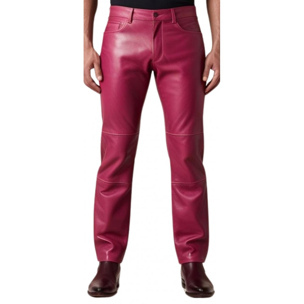 Pantalon jeans en cuir d'agneau rose modèle Amour
