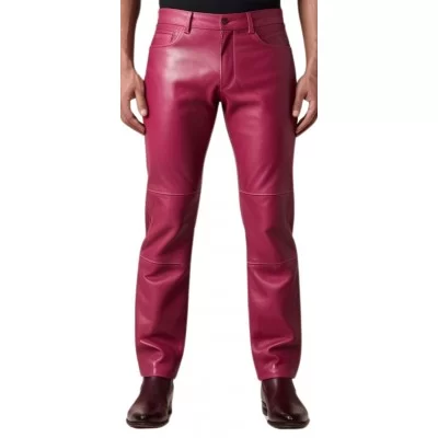 Pantalon jeans en cuir d'agneau rose modèle Amour