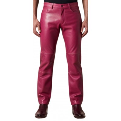Pantalon jeans en cuir d'agneau rose modèle Amour