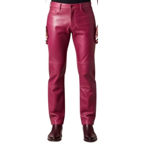 Pantalon jeans en cuir d'agneau rose modèle Amour