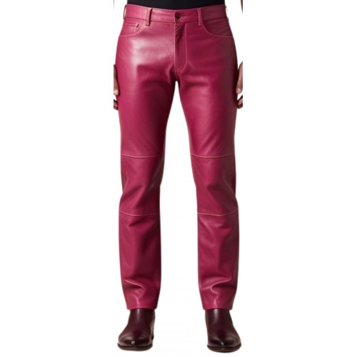Pantalon jeans en cuir d'agneau rose modèle Amour
