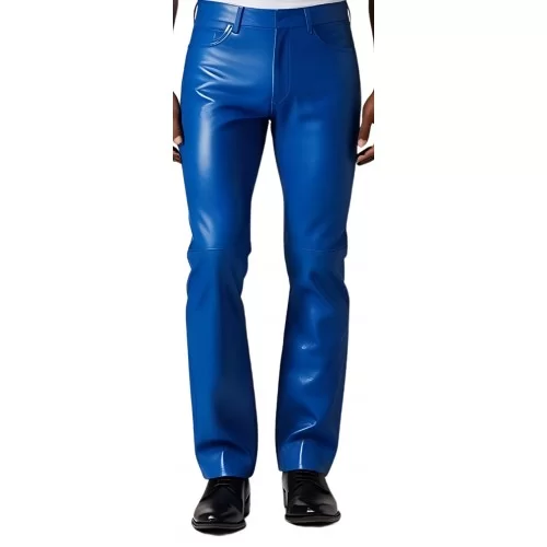 Pantalon jeans en cuir d'agneau bleu roi modèle Barry