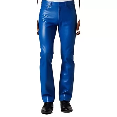 Pantalon jeans en cuir d'agneau bleu roi modèle Barry