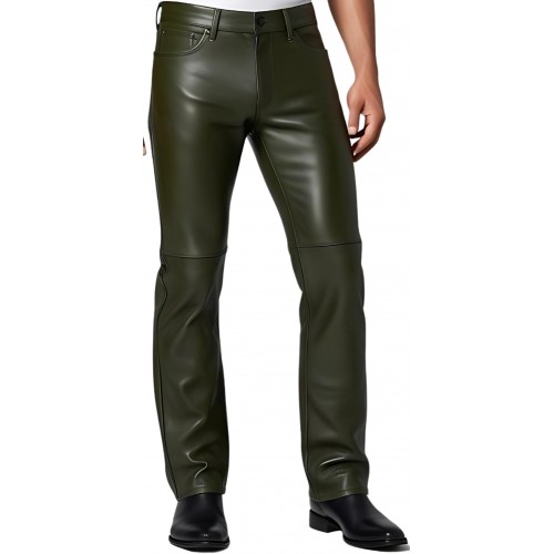 Pantalon jeans en cuir d'agneau vert kaki modèle Chris
