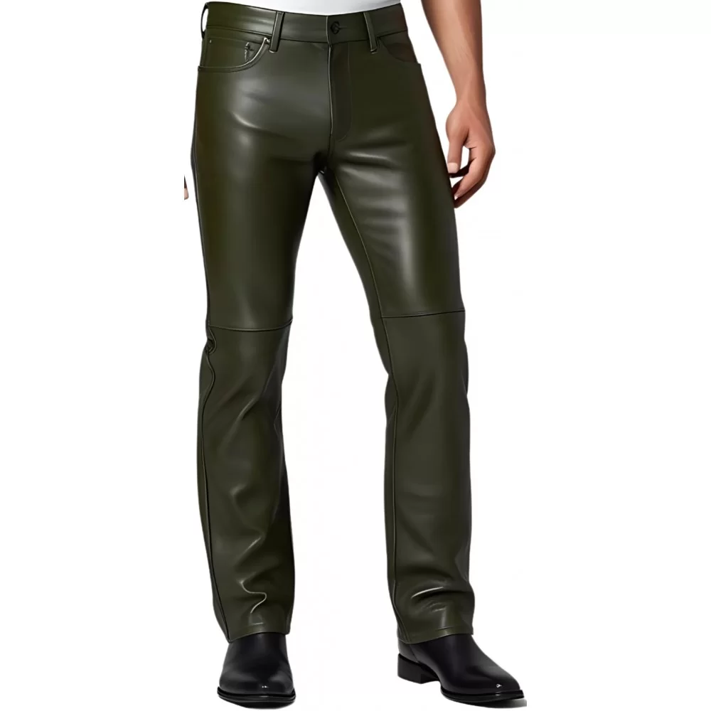 Pantalon jeans en cuir d'agneau vert kaki modèle Chris