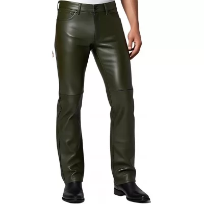 Pantalon jeans en cuir d'agneau vert kaki modèle Chris