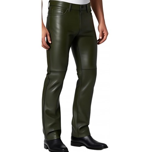 Pantalon jeans en cuir d'agneau vert kaki modèle Chris