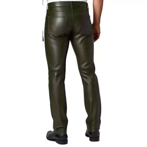 Pantalon jeans en cuir d'agneau vert kaki modèle Chris