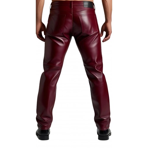 Pantalon jeans en cuir d'agneau bordeaux modèle Palia
