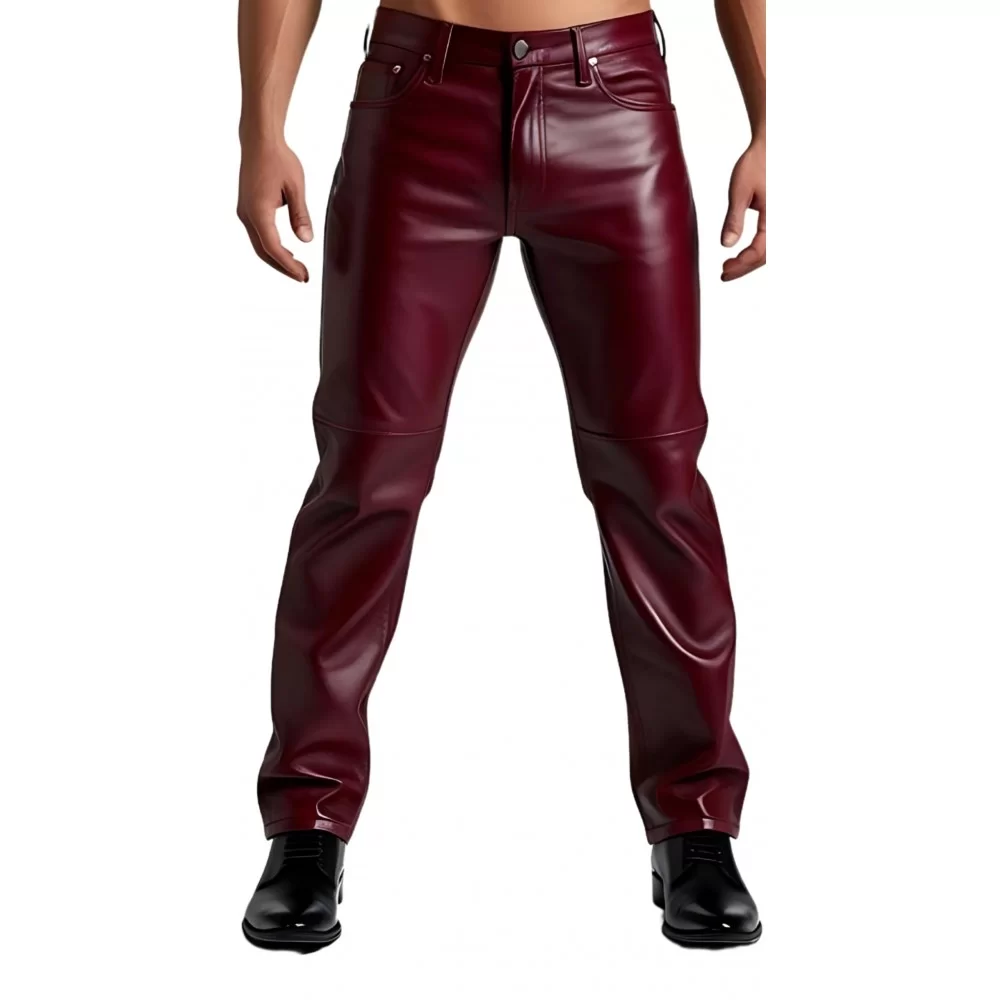 Pantalon jeans en cuir d'agneau bordeaux modèle Palia