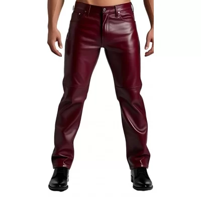Pantalon jeans en cuir d'agneau bordeaux modèle Palia