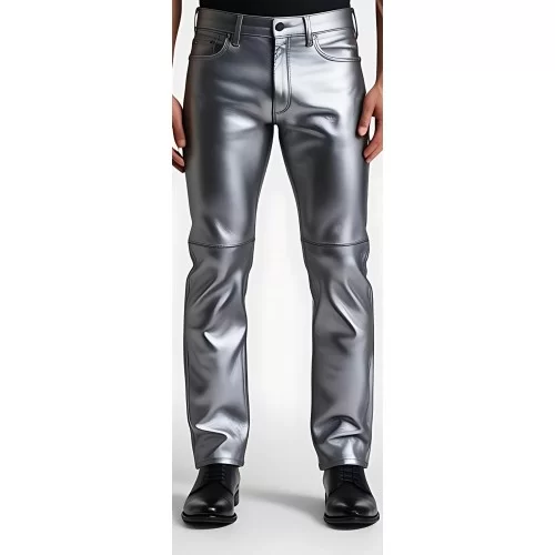Pantalon jeans en cuir d'agneau argent modèle Argentino
