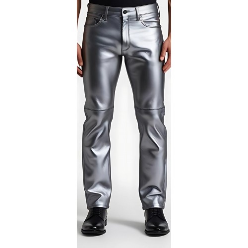 Pantalon jeans en cuir d'agneau argent modèle Argentino