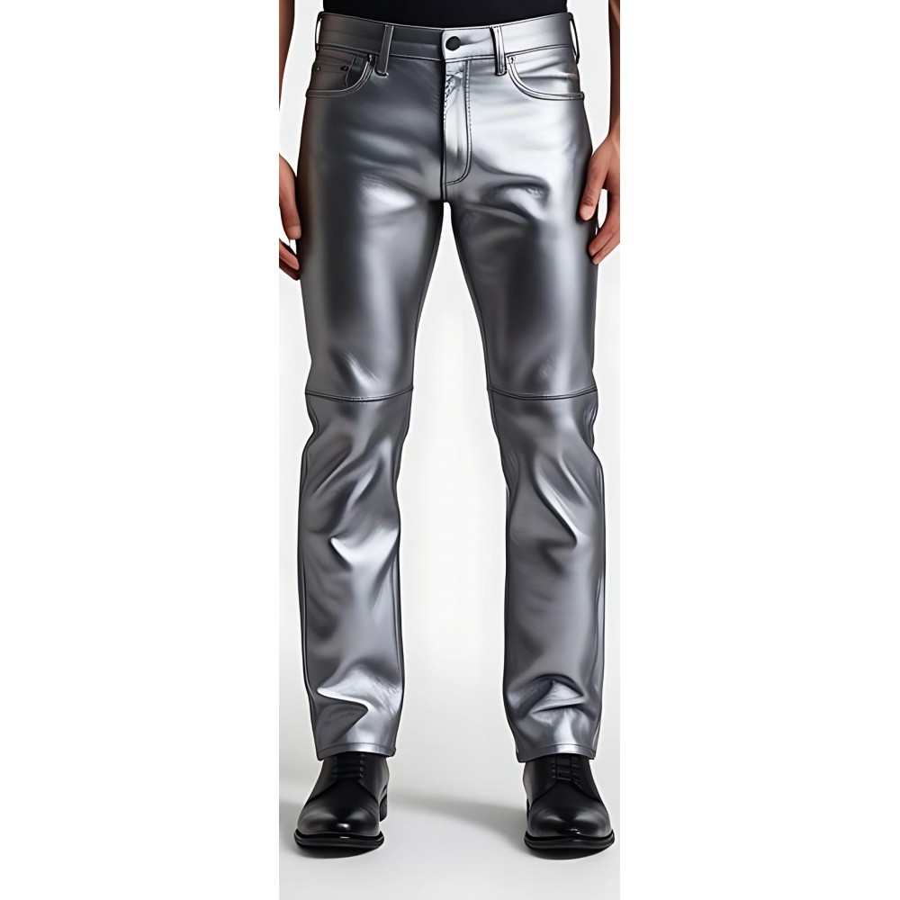 Pantalon jeans en cuir d'agneau argent modèle Argentino
