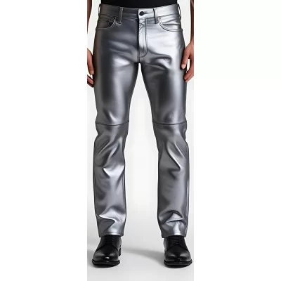 Pantalon jeans en cuir d'agneau argent modèle Argentino