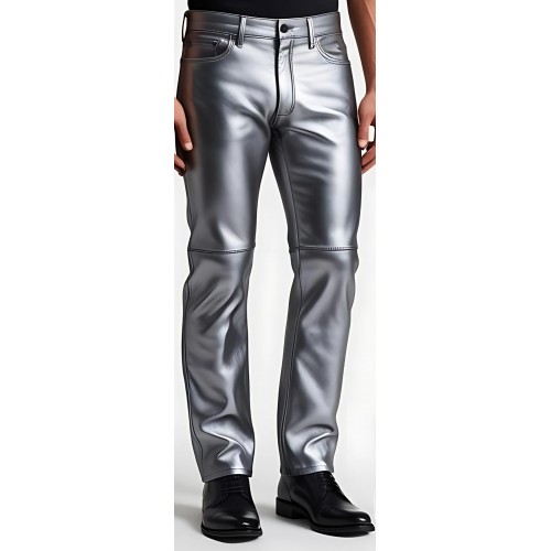 Pantalon jeans en cuir d'agneau argent modèle Argentino