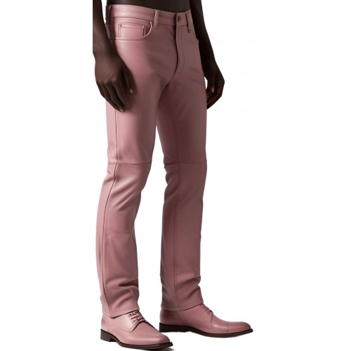 Pantalon jeans en cuir d'agneau rose modèle Tabarin
