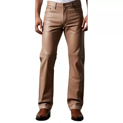 Pantalon jeans en cuir d'agneau marron clair modèle Tiblisse