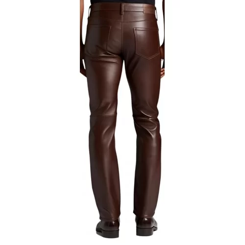 Pantalon jeans en cuir d'agneau marron chocolat modèle Tibère