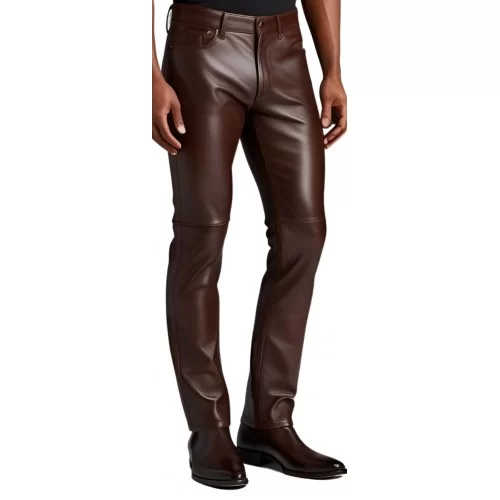 Pantalon jeans homme en cuir d'agneau marron chocolat modèle Tibère