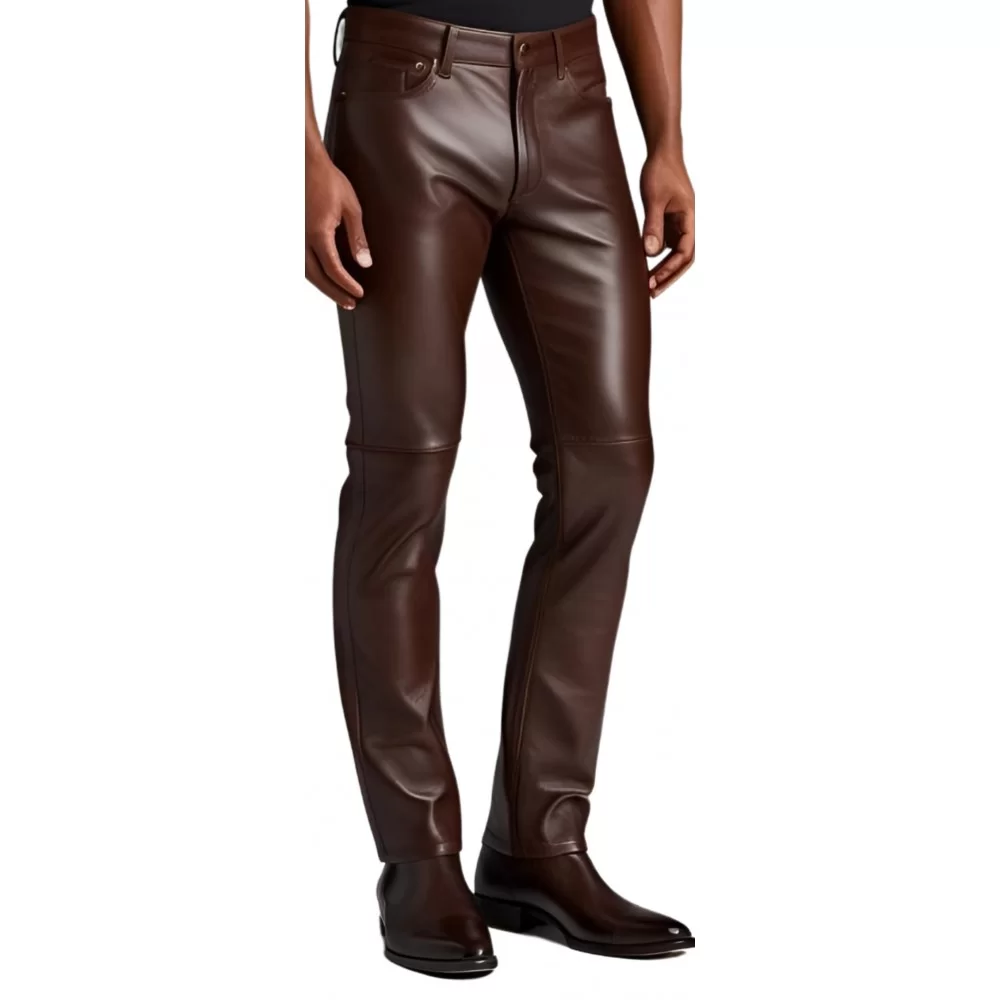 Pantalon jeans homme en cuir d'agneau marron chocolat modèle Tibère