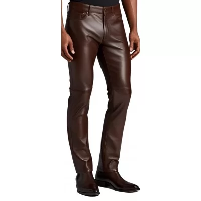 Pantalon jeans homme en cuir d'agneau marron chocolat modèle Tibère