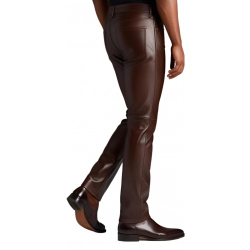Pantalon jeans homme en cuir d'agneau marron chocolat modèle Tibère