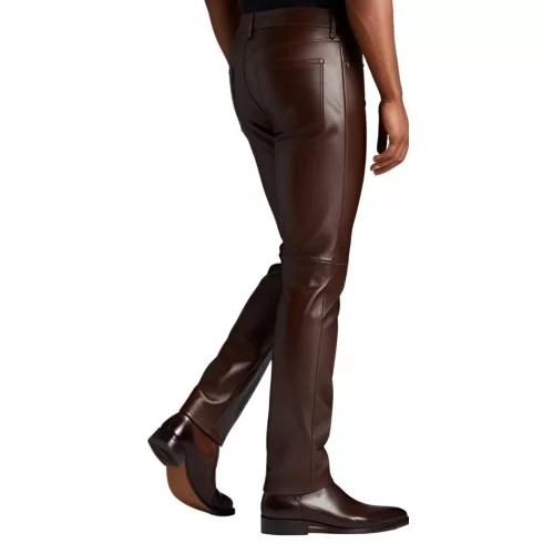 Pantalon jeans homme en cuir d'agneau marron chocolat modèle Tibère