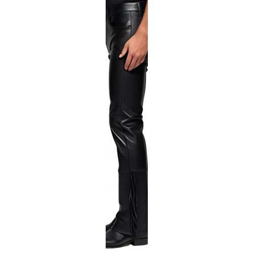 Pantalon jeans avec franges sur bas des côtés cuir homme agneau noir modèle Donime