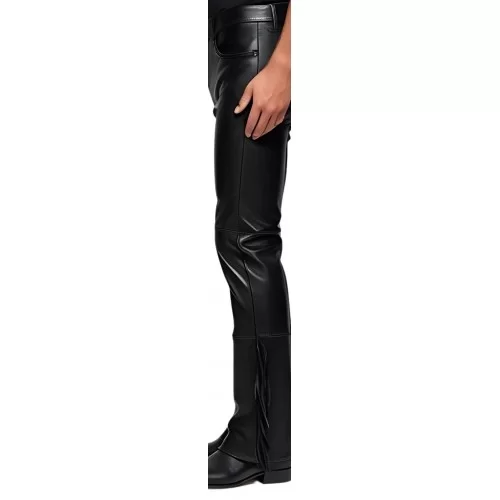 Pantalon jeans avec franges sur bas des côtés cuir homme agneau noir modèle Donime