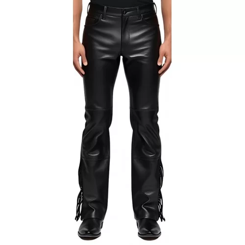 Pantalon jeans avec franges sur bas des côtés cuir homme agneau noir modèle Donime