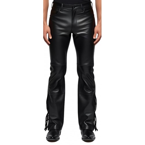 Pantalon jeans avec franges sur bas des côtés cuir homme agneau noir modèle Donime