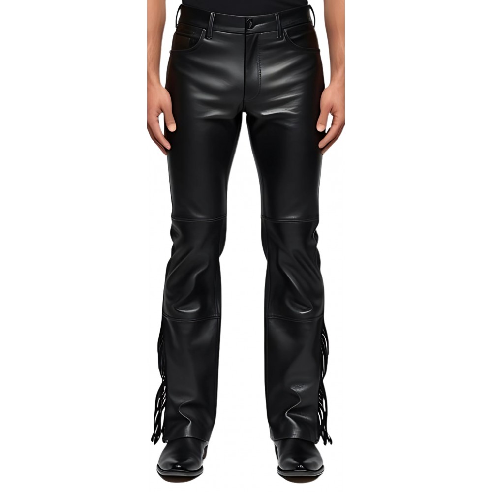 Pantalon jeans avec franges sur bas des côtés cuir homme agneau noir modèle Donime