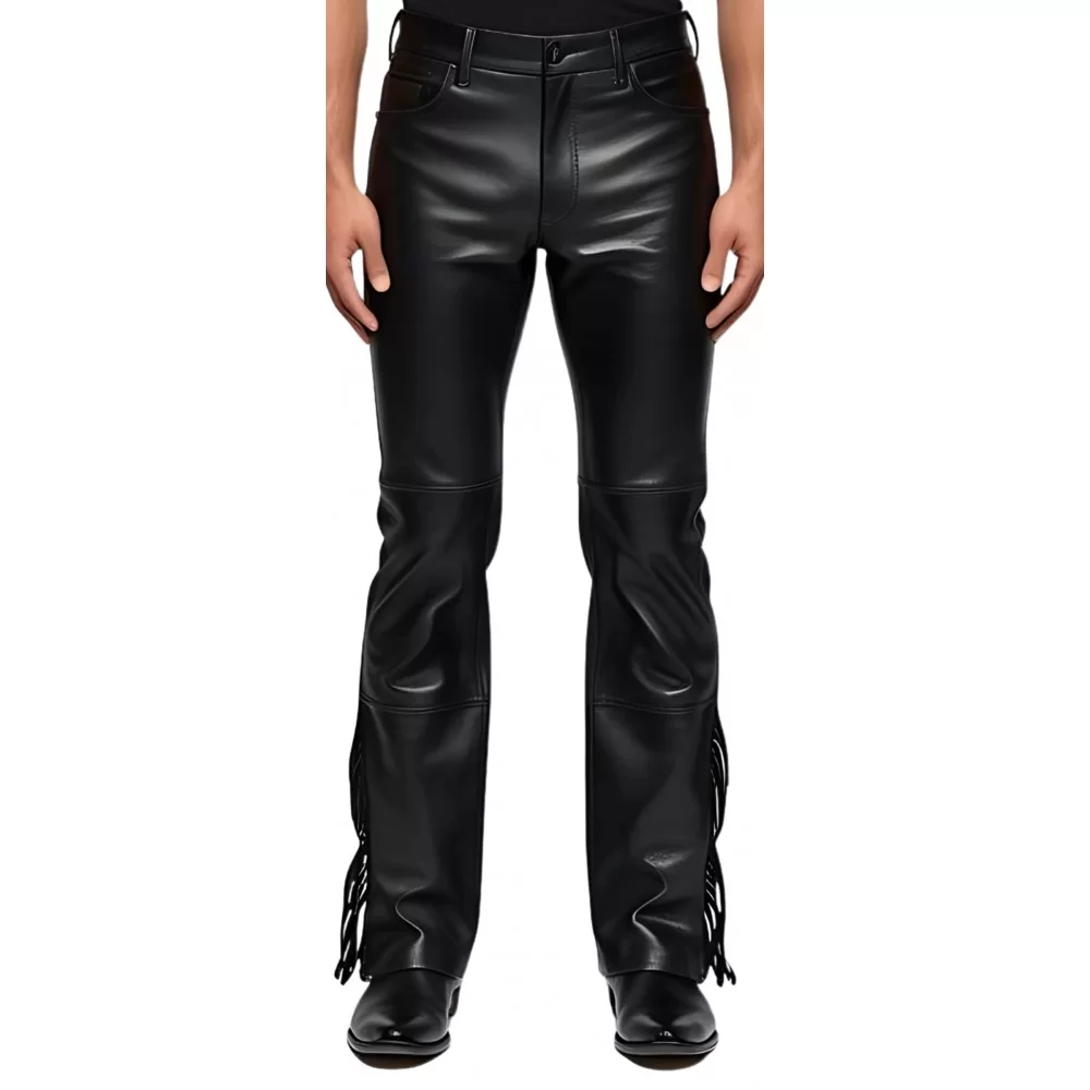 Pantalon jeans avec franges sur bas des côtés cuir homme agneau noir modèle Donime