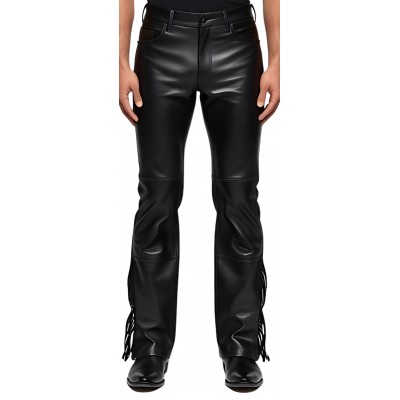 Pantalon jeans avec franges sur bas des côtés cuir homme agneau noir modèle Donime