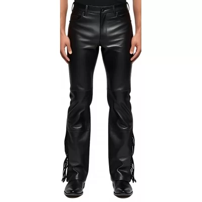 Pantalon jeans avec franges sur bas des côtés cuir homme agneau noir modèle Donime
