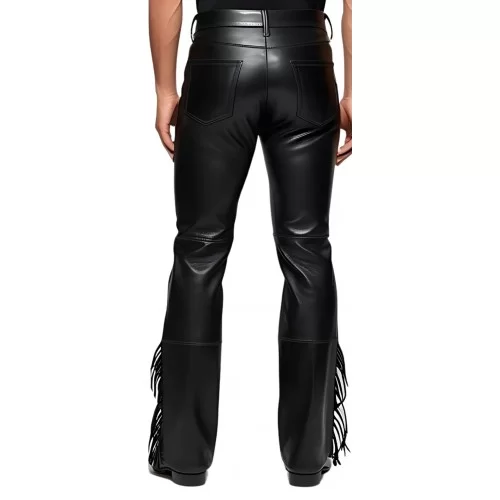 Pantalon jeans avec franges sur bas des côtés cuir homme agneau noir modèle Donime