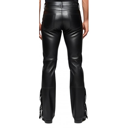 Pantalon jeans avec franges sur bas des côtés cuir homme agneau noir modèle Donime