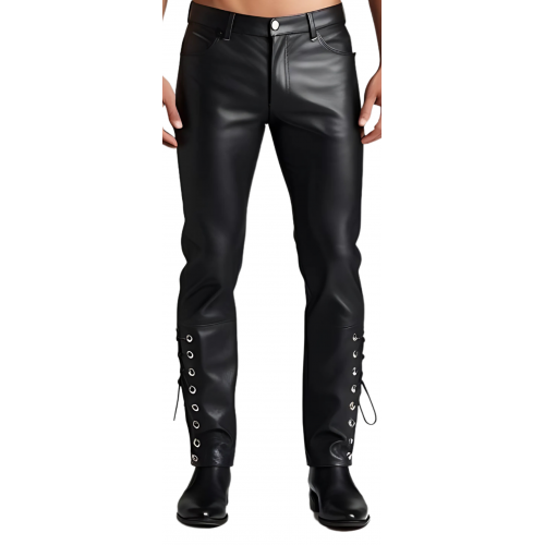 Pantalon jeans cuir homme coupe agneau noir lacets sur côtés bas pantalon modèle Nacho